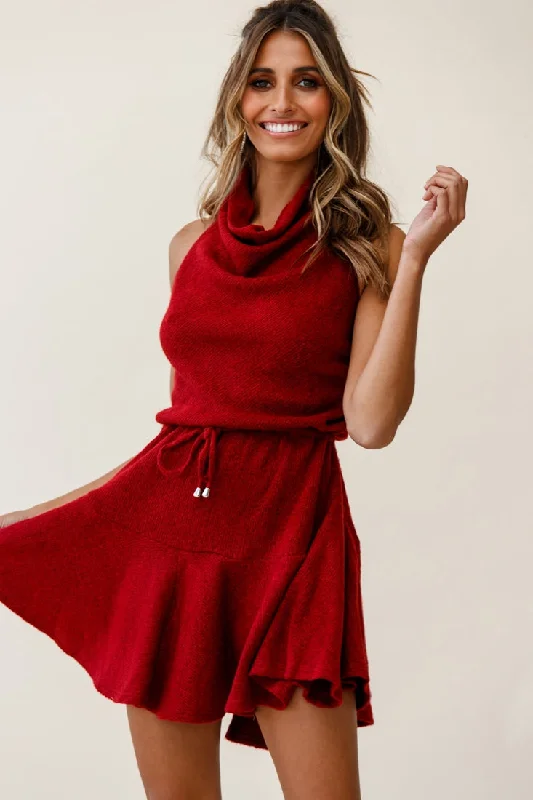 Plus Size Women Dress with a Flattering A - Line Cut for Comfort and StyleCosette Cowl Halterneck Knit Dress Wine