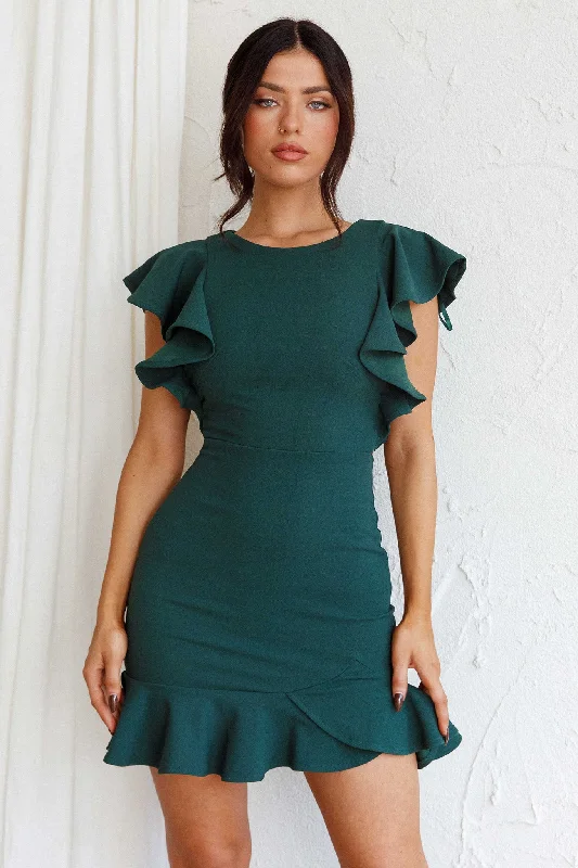 Plus Size Women Dress with a Flattering A - Line Cut for Comfort and StyleCupid's Bow Ruffle Shoulder Bodycon Dress Forest Green Plus Size Women Dress with a Flattering A - Line Cut for Comfort and StyleCupid's Bow Ruffle Shoulder Bodycon Dress Forest Green