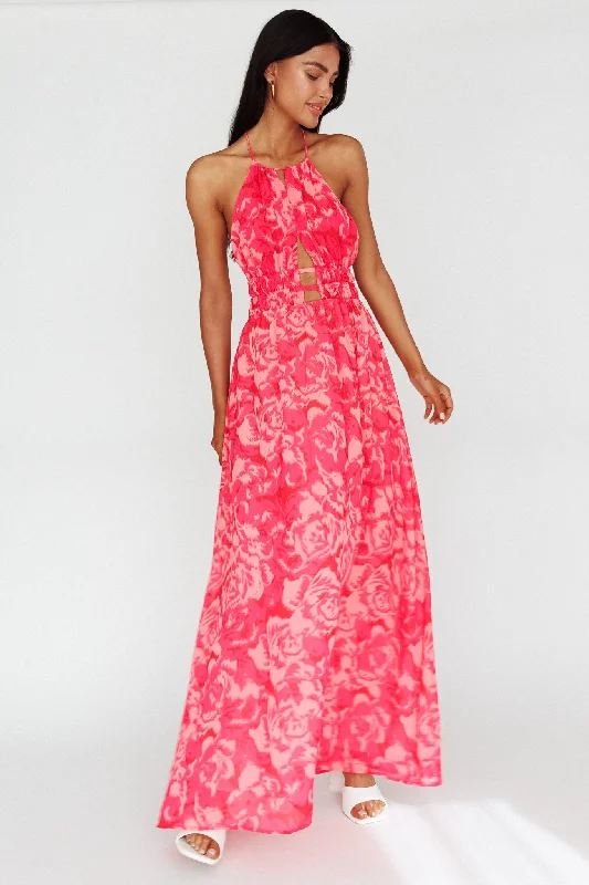 Ruffled Women Dress with Multiple Layers for a Playful and Girly StyleCyndi Open Back Halterneck Maxi Dress Floral Pink