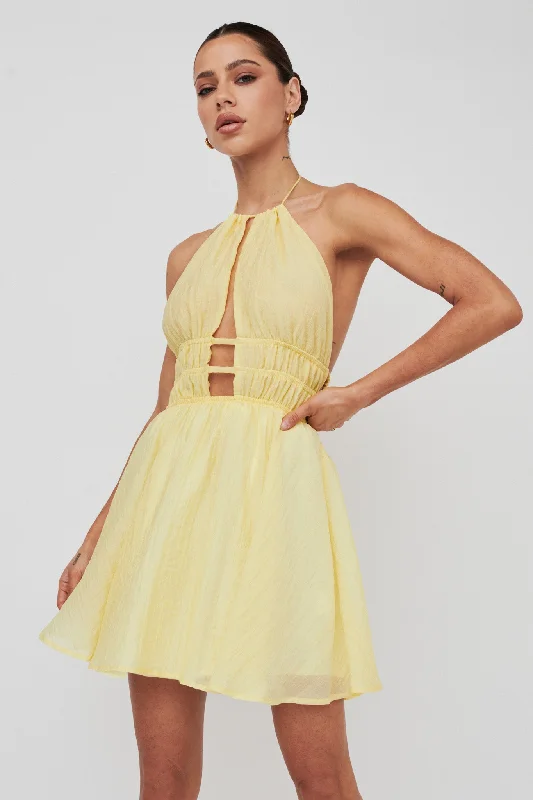 Backless Women Dress for a Sexy and Alluring Look at Evening EventsCyndi Open Back Halterneck Mini Dress Lemon