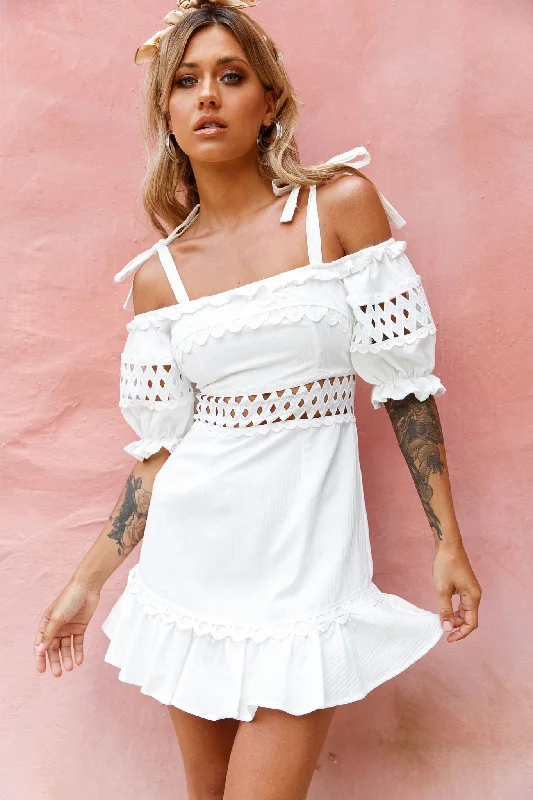 Ruffled Women Dress with Multiple Layers for a Playful and Girly StyleDanella Puff Sleeve Tied Shoulder Dress White