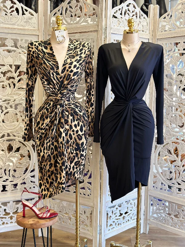 Little Black Women Dress with Sequins for a Glamorous Night OutDeep V Knotted Long Sleeve Dress- Stretchy Little Black Women Dress with Sequins for a Glamorous Night OutDeep V Knotted Long Sleeve Dress- Stretchy
