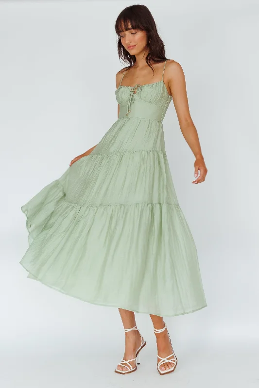 Pleated Women Dress with a Timeless and Elegant TextureDoe Tie Bust Maxi Dress Sage