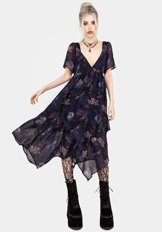 Shift Women Dress with a Simple and Classic Design for Everyday WearDragonfly Floral Print Chiffon Handkerchief Hem Dress