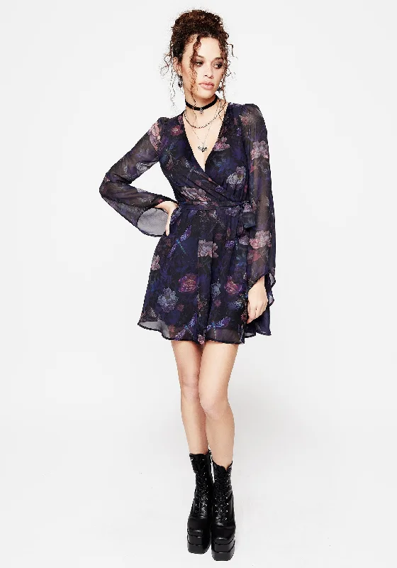 Strapless Women Dress with a Built - in Bra for Comfort and SupportDragonfly Floral Print Flute Sleeve Chiffon Mini Dress