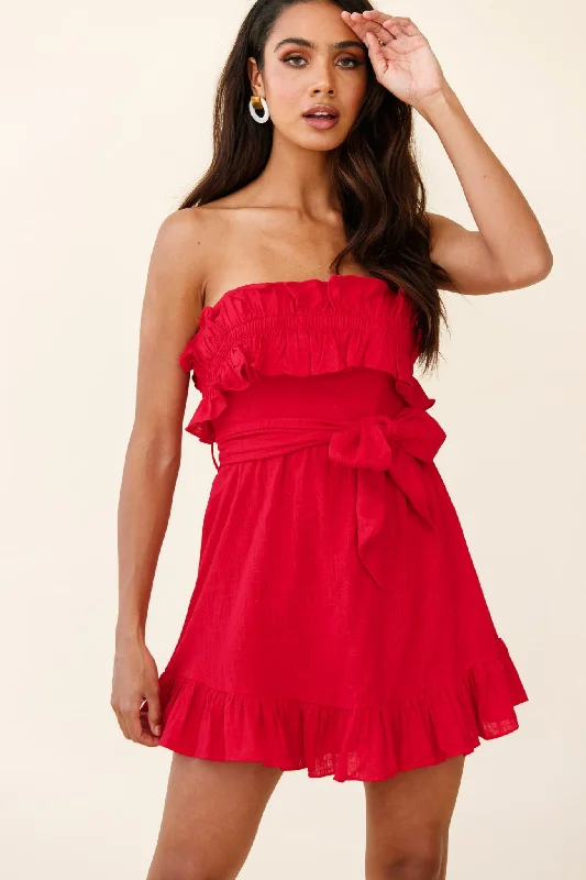 Strapless Women Dress with a Built - in Bra for Comfort and SupportDream All Day Shirred Ruffle Feature Strapless Dress Red