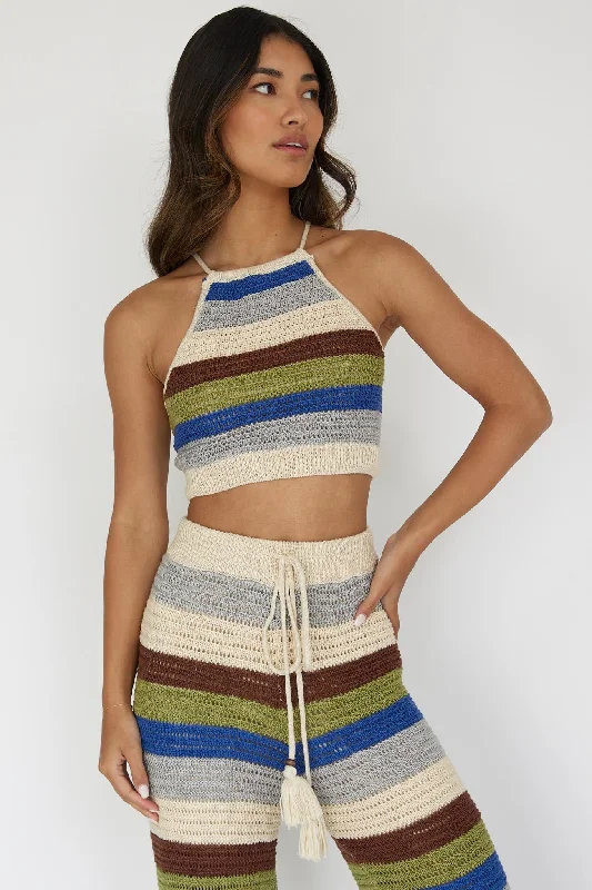 Sleeveless Women Dress in Bright Colors for Summer PartiesDream Believer Crochet Tied Top Stripe Blue Multi
