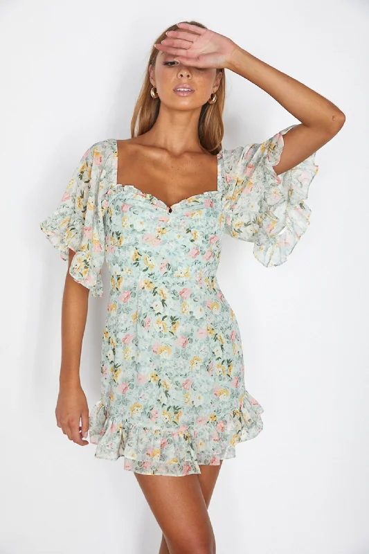 Strapless Women Dress with a Built - in Bra for Comfort and SupportElorah Frill Trim Mini Dress Floral Green