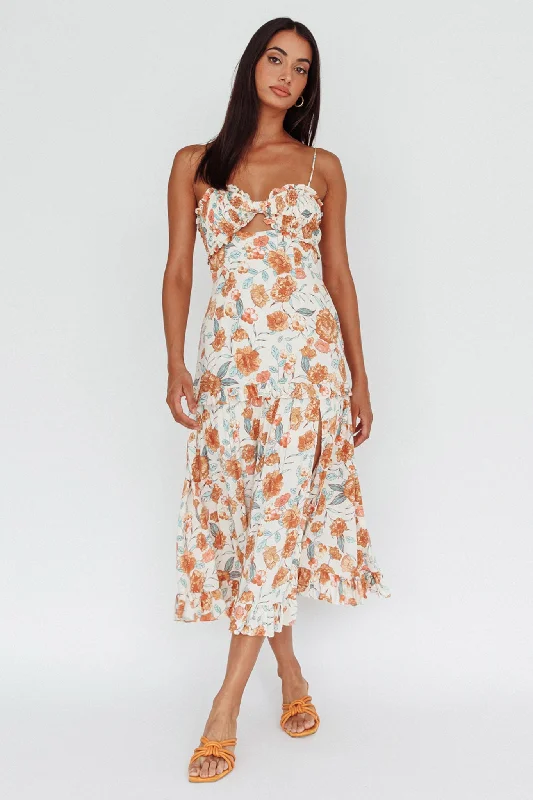 Plus Size Women Dress with a Flattering A - Line Cut for Comfort and StyleEverglow Shirred Bust Midi Dress Floral Beige