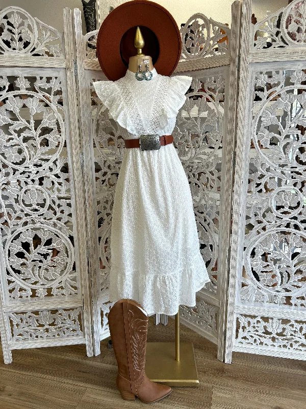 Backless Women Dress for a Sexy and Alluring Look at Evening EventsEyelet Ruffle Midi Dress-  Not Stretchy