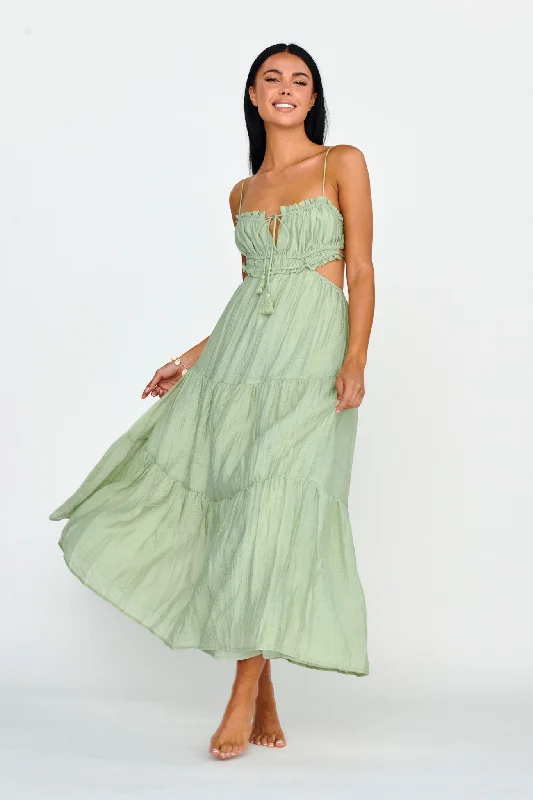 Wrap - Style Women Dress with Adjustable Fit for All Body TypesEyona Cut-Out Waist Tie Maxi Dress Sage Wrap - Style Women Dress with Adjustable Fit for All Body TypesEyona Cut-Out Waist Tie Maxi Dress Sage