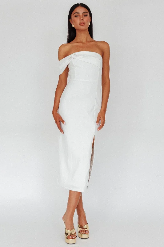 Halter Neck Women Dress to Show Off the Shoulders and NecklineFirst Impressions One Shoulder Midi Dress White