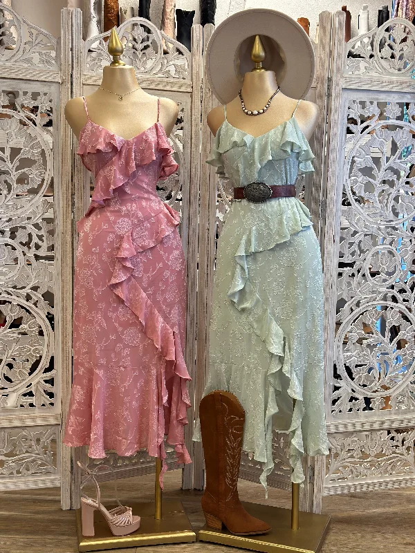 Printed Abstract Women Dress for a Modern and Artistic AppealFlower Detail Ruffled Maxi Dress- Not Stretchy