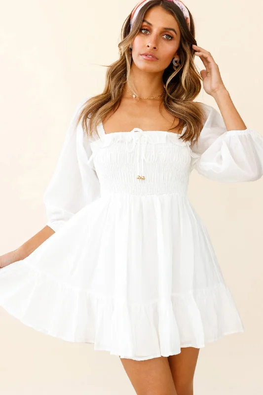 Mini Women Dress with a Short Hem for a Young and Trendy StyleFlynn Balloon Sleeve Shirred Bust Mini Dress White