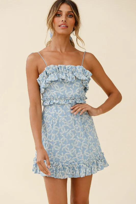 Mermaid - Style Women Dress with a Fitted Silhouette for Special OccasionsFrill Seeker Eyelet Embroidery Tied Back Dress Denim Blue