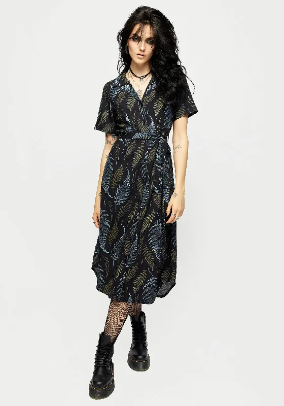 Wrap - Style Women Dress with Adjustable Fit for All Body TypesFrond Print Button Up Midi Shirt Dress