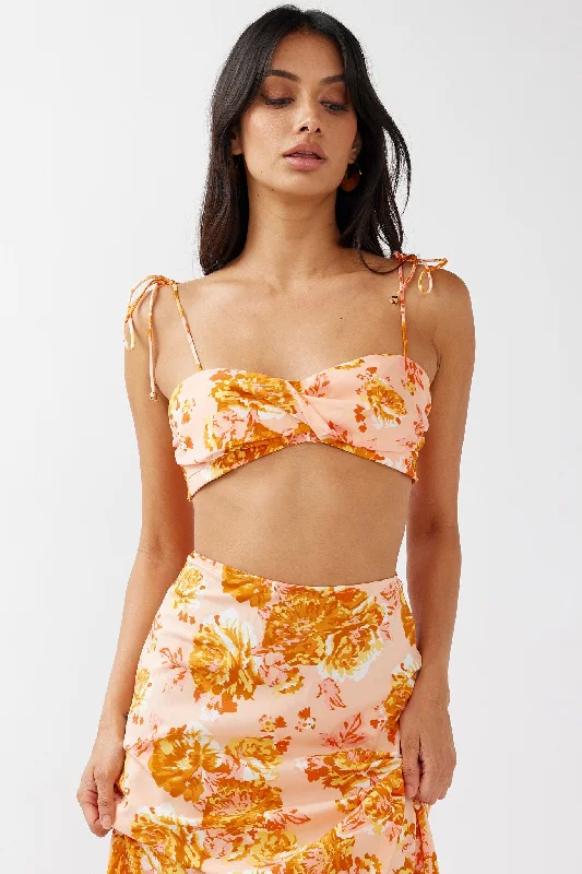 Mini Women Dress with a Short Hem for a Young and Trendy StyleGabbi Tied Shoulder Crop Top Floral Orange Mini Women Dress with a Short Hem for a Young and Trendy StyleGabbi Tied Shoulder Crop Top Floral Orange