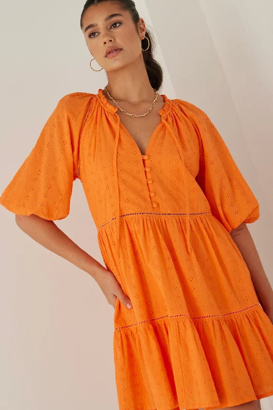 Mini Women Dress with a Short Hem for a Young and Trendy StyleGemini Orange Broiderie Balloon Sleeve Tiered Mini Dress