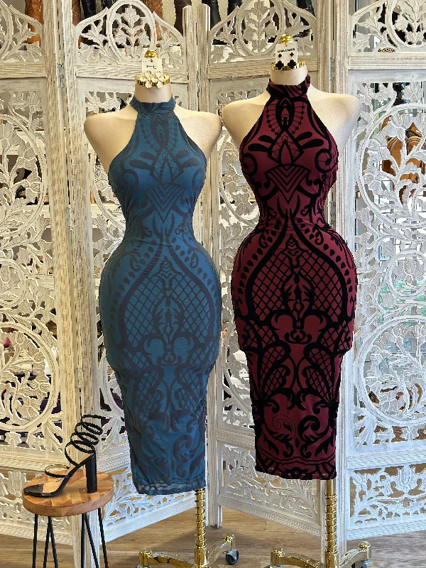 Ruffled Women Dress with Multiple Layers for a Playful and Girly StyleHalter Neck Velvet Pattern Dress- Estira, Stretchy
