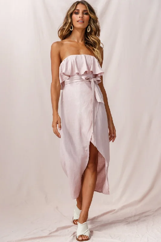 Empire Waist Women Dress to Accentuate the Bust and Conceal the WaistHamilton Bandeau Ruffle Midi Dress Blush Empire Waist Women Dress to Accentuate the Bust and Conceal the WaistHamilton Bandeau Ruffle Midi Dress Blush