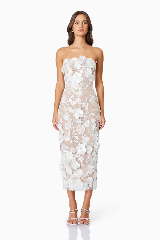 Maxi Women Dress with Floral Print for a Bohemian VibeHelena Strapless Midi Dress In White Maxi Women Dress with Floral Print for a Bohemian VibeHelena Strapless Midi Dress In White