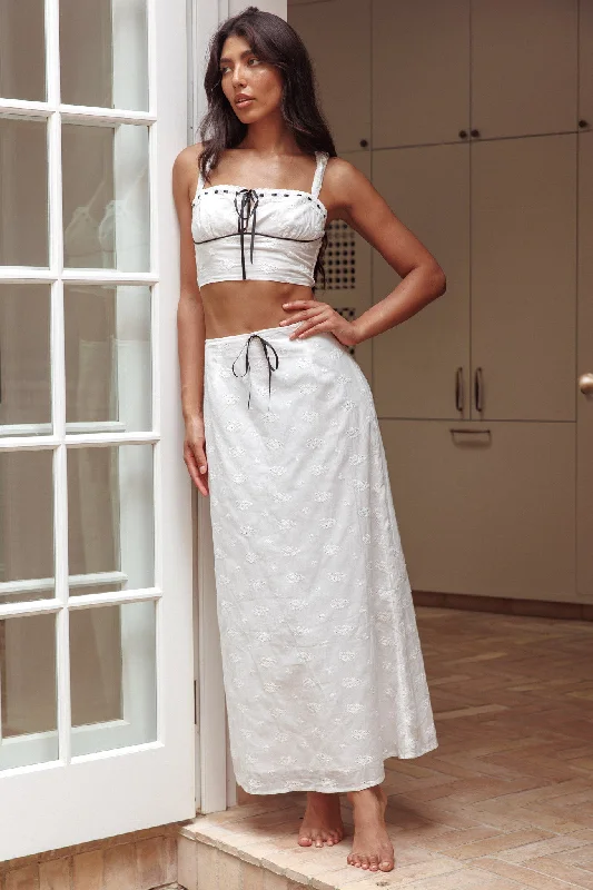 Strapless Women Dress with a Built - in Bra for Comfort and SupportHelga Eyelet Embroidery Bow Maxi Skirt White