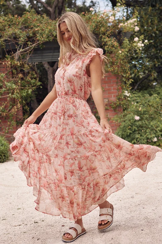 Ball Gown Women Dress with a Full Skirt for a Princess - like LookInfatuation Peach Paradise Floral Flutter Sleeve Tiered Maxi Dress