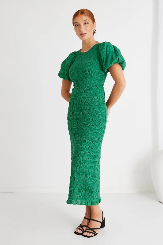 Wrap - Style Women Dress with Adjustable Fit for All Body TypesJade Green Shirred Cotton Puff Sleeve Ruched Midi Dress Wrap - Style Women Dress with Adjustable Fit for All Body TypesJade Green Shirred Cotton Puff Sleeve Ruched Midi Dress