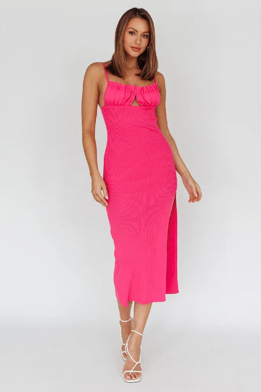 Strapless Women Dress with a Built - in Bra for Comfort and SupportJelina Gathered Bust Knit Midi Dress Fuchsia