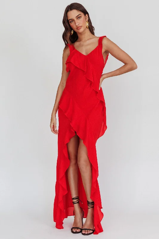 Halter Neck Women Dress to Show Off the Shoulders and NecklineJohannson Ruffle Trim Maxi Dress Red Halter Neck Women Dress to Show Off the Shoulders and NecklineJohannson Ruffle Trim Maxi Dress Red