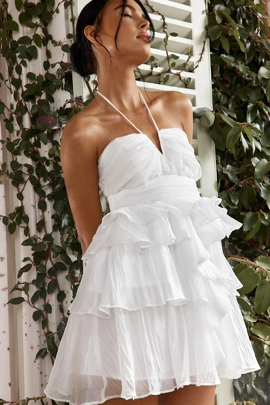 Pleated Women Dress with a Timeless and Elegant TextureJoy Of Life Layered Ruffle Mini Dress Off White