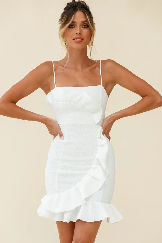Mini Women Dress with a Short Hem for a Young and Trendy StyleJuanita Half Moon Ruffle Detail Bodycon Dress White Mini Women Dress with a Short Hem for a Young and Trendy StyleJuanita Half Moon Ruffle Detail Bodycon Dress White