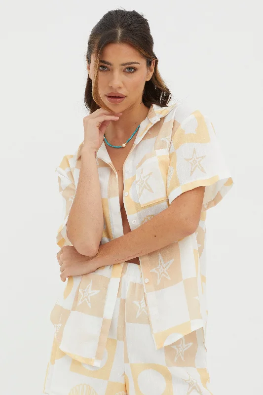 Sleeveless Women Dress in Bright Colors for Summer PartiesJust A Hunch Button Shirt Shell Print Yellow Multi