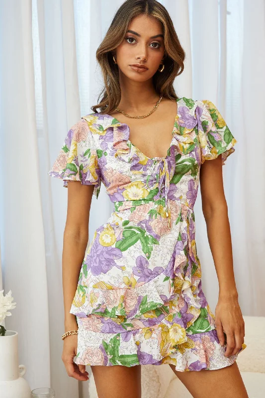 Off - the - Shoulder Women Dress for a Romantic and Feminine LookKalina Ruffle Neckline Flutter Sleeve Mini Dress Floral Print Purple