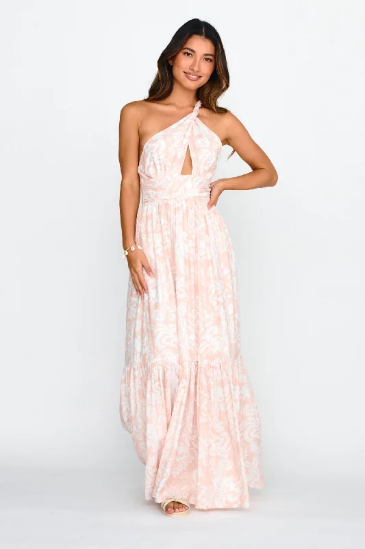 Sleeveless Women Dress in Bright Colors for Summer PartiesKamali One-Shoulder Keyhole Maxi Dress Beige