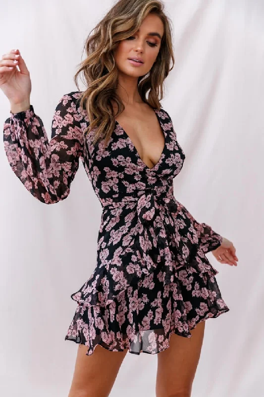 Off - the - Shoulder Women Dress for a Romantic and Feminine LookKerry Layered Balloon Sleeve Dress Black/Pink