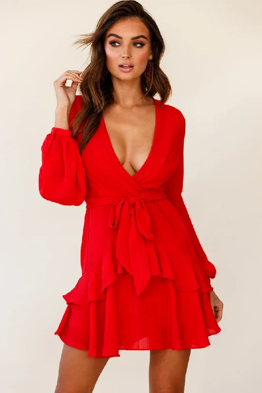Halter Neck Women Dress to Show Off the Shoulders and NecklineKerry Layered Balloon Sleeve Dress Red