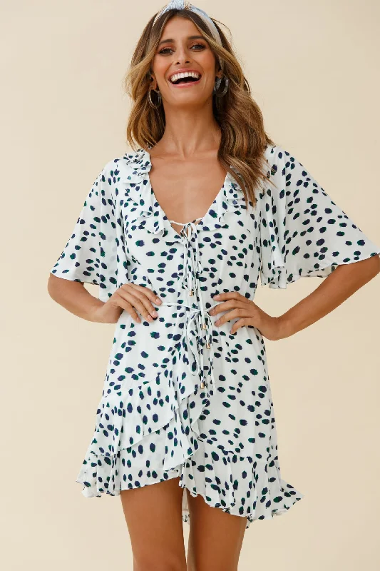 Lace - Embellished Women Dress for an Elegant and Sophisticated AppearanceKeziah Angel Sleeve Ruffle Trim Dress Spotty Print White Lace - Embellished Women Dress for an Elegant and Sophisticated AppearanceKeziah Angel Sleeve Ruffle Trim Dress Spotty Print White