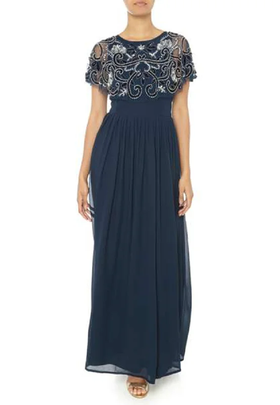 Printed Abstract Women Dress for a Modern and Artistic AppealNavy Cape Sequins Gown