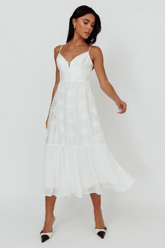 Ruffled Women Dress with Multiple Layers for a Playful and Girly StyleLake Como Floral Embroidered Midi Dress White