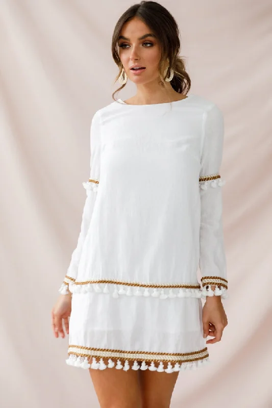 Plus Size Women Dress with a Flattering A - Line Cut for Comfort and StyleLeticia Tassel Trim Shift Dress White