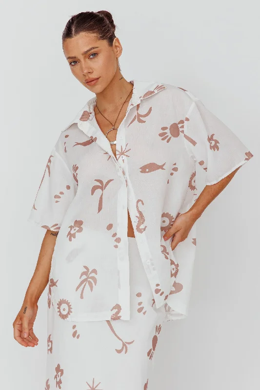 Off - the - Shoulder Women Dress for a Romantic and Feminine LookLight Aura Button Up Shirt Print White Tan Off - the - Shoulder Women Dress for a Romantic and Feminine LookLight Aura Button Up Shirt Print White Tan