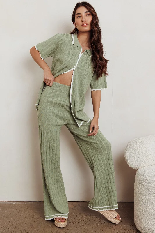 Pleated Women Dress with a Timeless and Elegant TextureLiloh Contrast Ribbed Wide Leg Pant Sage