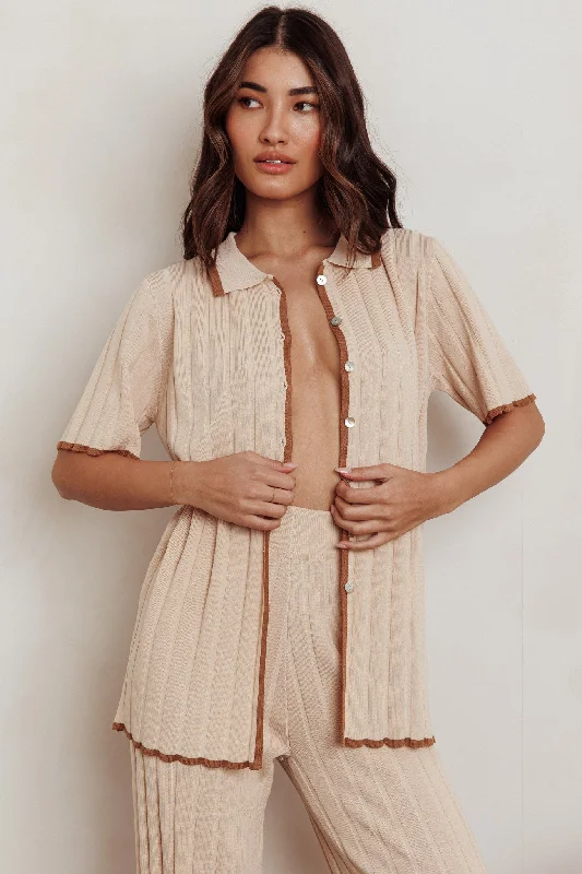 Printed Abstract Women Dress for a Modern and Artistic AppealLiloh Ribbed Buttoned Shirt Beige Printed Abstract Women Dress for a Modern and Artistic AppealLiloh Ribbed Buttoned Shirt Beige