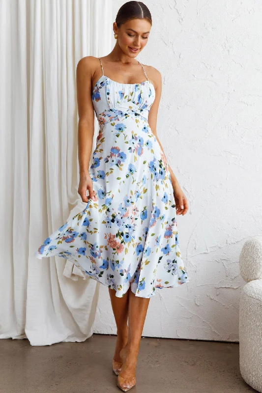 Strapless Women Dress with a Built - in Bra for Comfort and SupportLinka Cami Strap Split Midi Dress Floral Blue