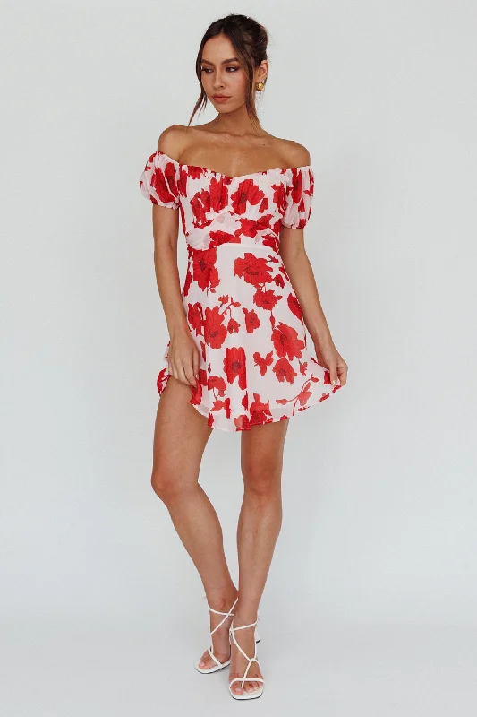 Sleeveless Women Dress in Bright Colors for Summer PartiesLinka Puff Sleeve Waist Tie Dress Floral Red