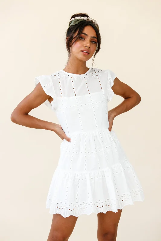 Wrap - Style Women Dress with Adjustable Fit for All Body TypesLouise Cap Sleeve Eyelet Embroidery Dress White