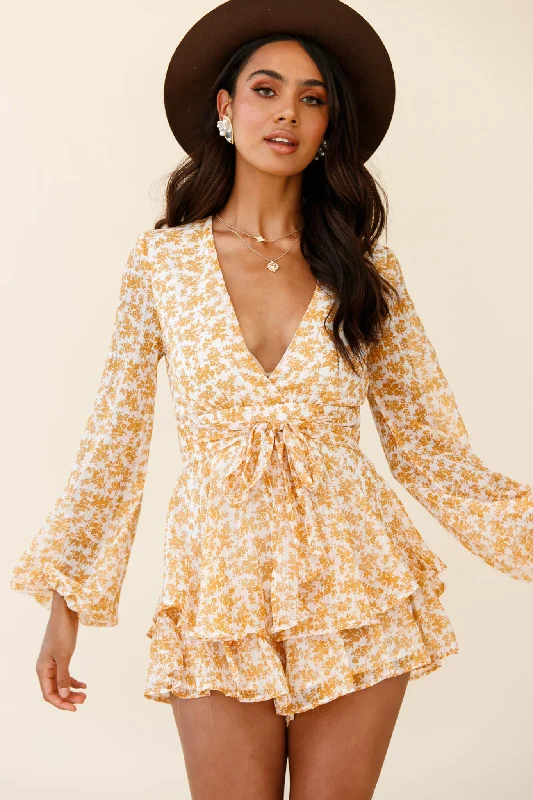 Off - the - Shoulder Women Dress for a Romantic and Feminine LookMaddox Fit & Flare Long Sleeve Romper Dainty Floral Print Mustard