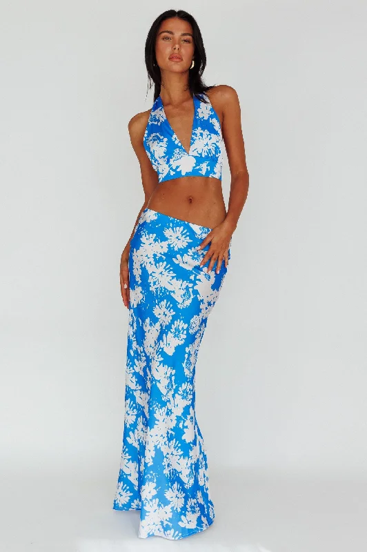 Sheath Women Dress with a Tailored Fit for a Professional LookManila Satin Maxi Skirt Blue Floral