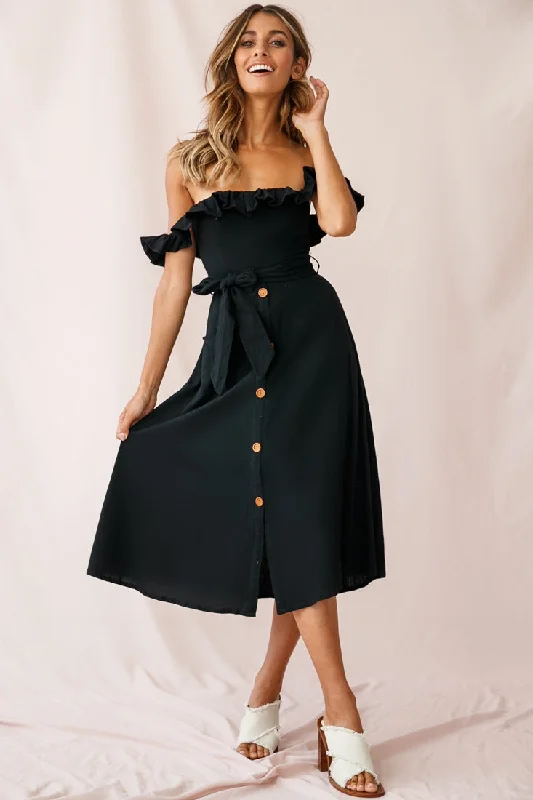 Lace - Embellished Women Dress for an Elegant and Sophisticated AppearanceMatisse Off-Shoulder Placket Dress Black